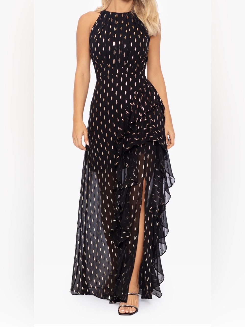 KARINA CHIFFON FOIL RUFFLE TIE NECK DRESS by Betsy & Adam